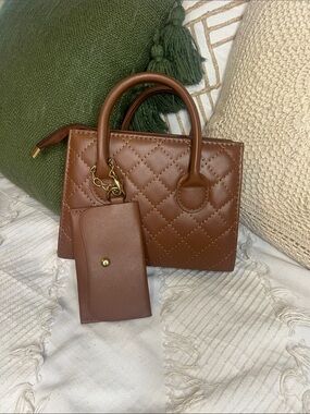 Quilted Faux Leather Brown Tote with Removable Cardholder